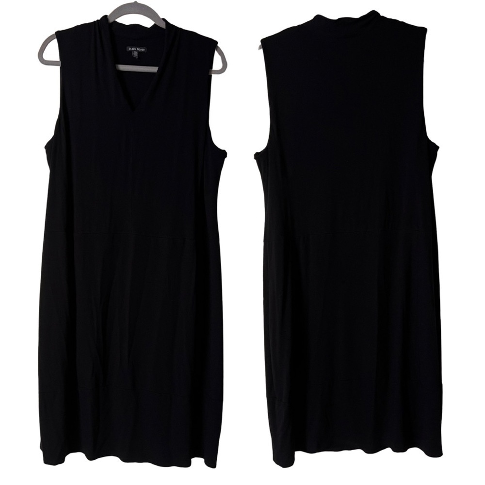 Eileen Fisher V neck sleeveless black midi viscose swing dress, size XL